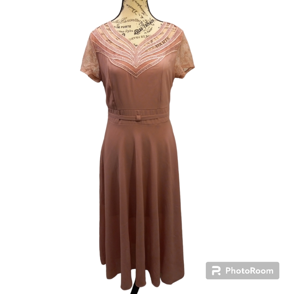Women L Vintage 1940s Dusty Rose Crepe Midi Dress Illusion Lace Bodice NWOT Boho